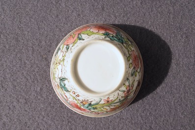A fine Chinese famille rose cup and saucer with floral design, Yongzheng